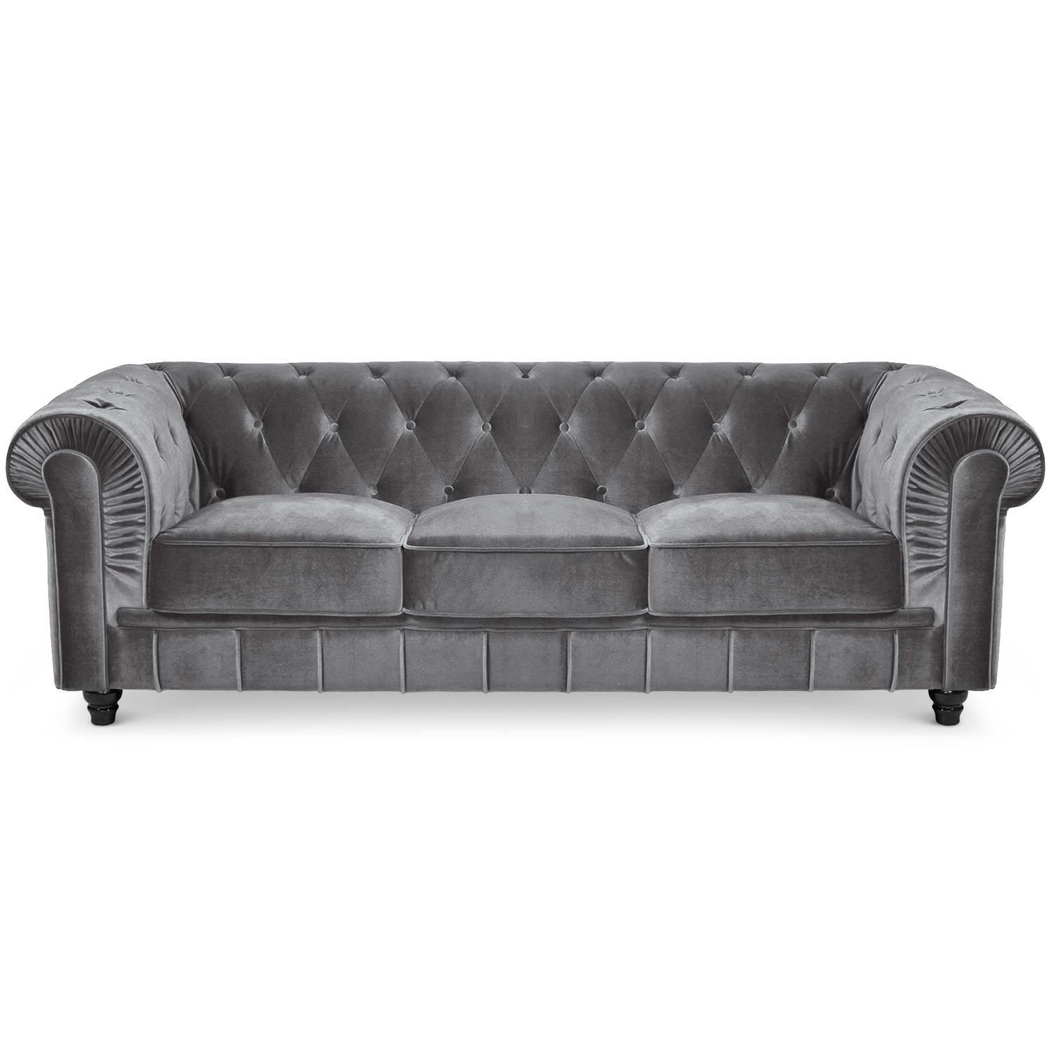 GRAND - Canapé 3 places chesterfield velours argent