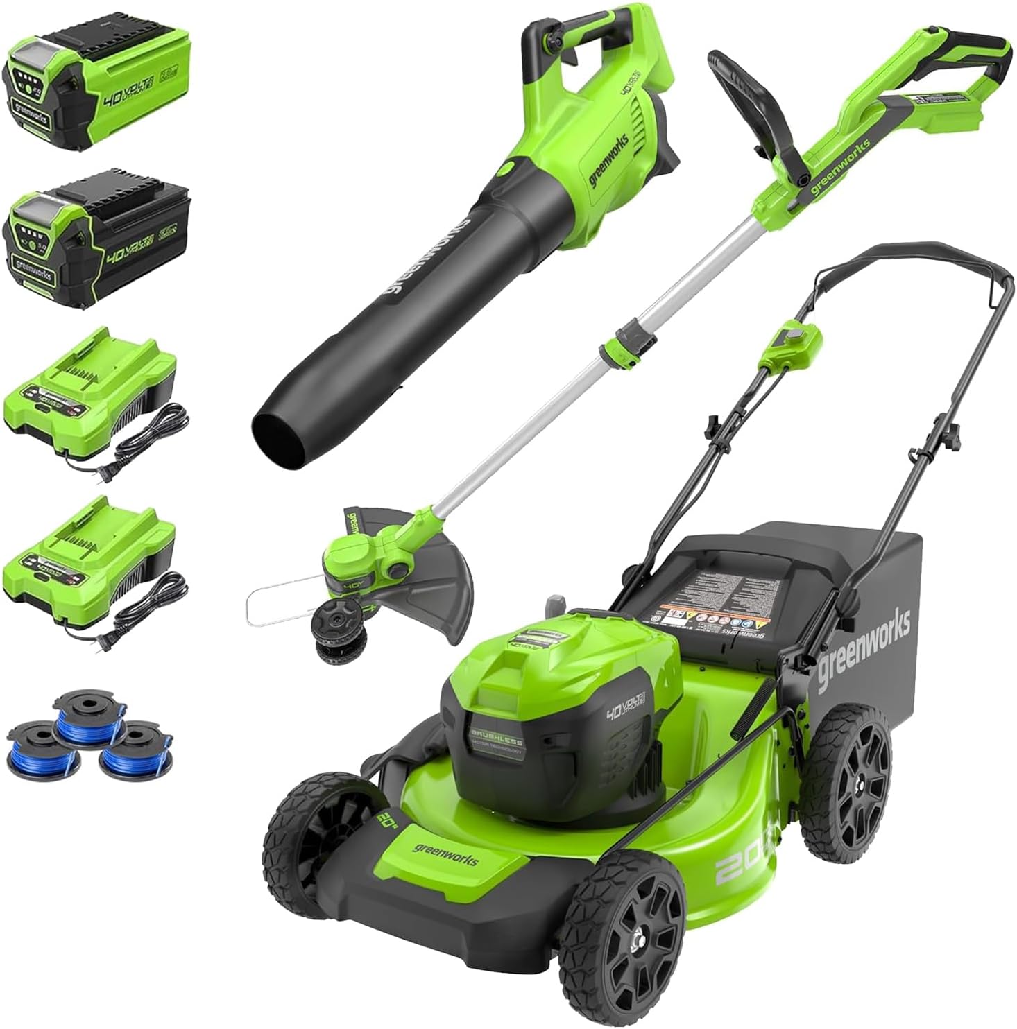 Greenworks 40V 20 Cordless Push Lawn Mower Bundle with Axial Leaf Blower(500 CFM / 120 MPH)  12 String Trimmer  5Ah + 2Ah Batteries & Chargers