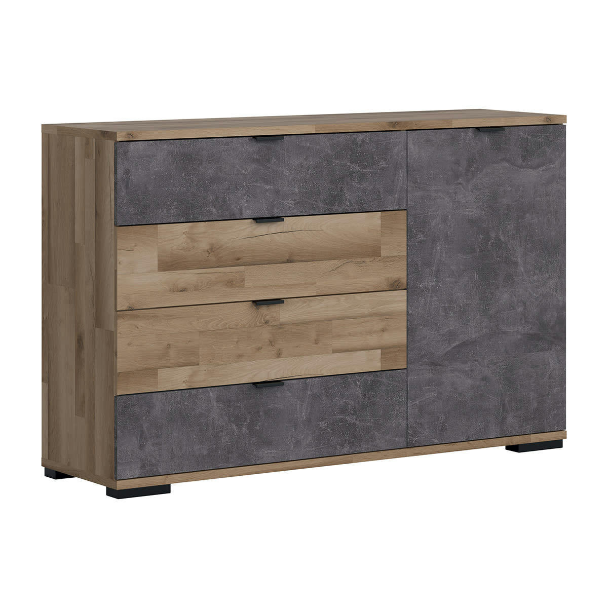 - Buffet 1 porte 4 tiroirs stratifiés naturel et gris