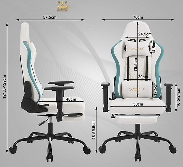 Chaise Gaming Massante, Coussin Lombaire à Ressorts, Appui-tête, Repose-Pieds, Charge 150kg, Tissu Technique, Blanc
