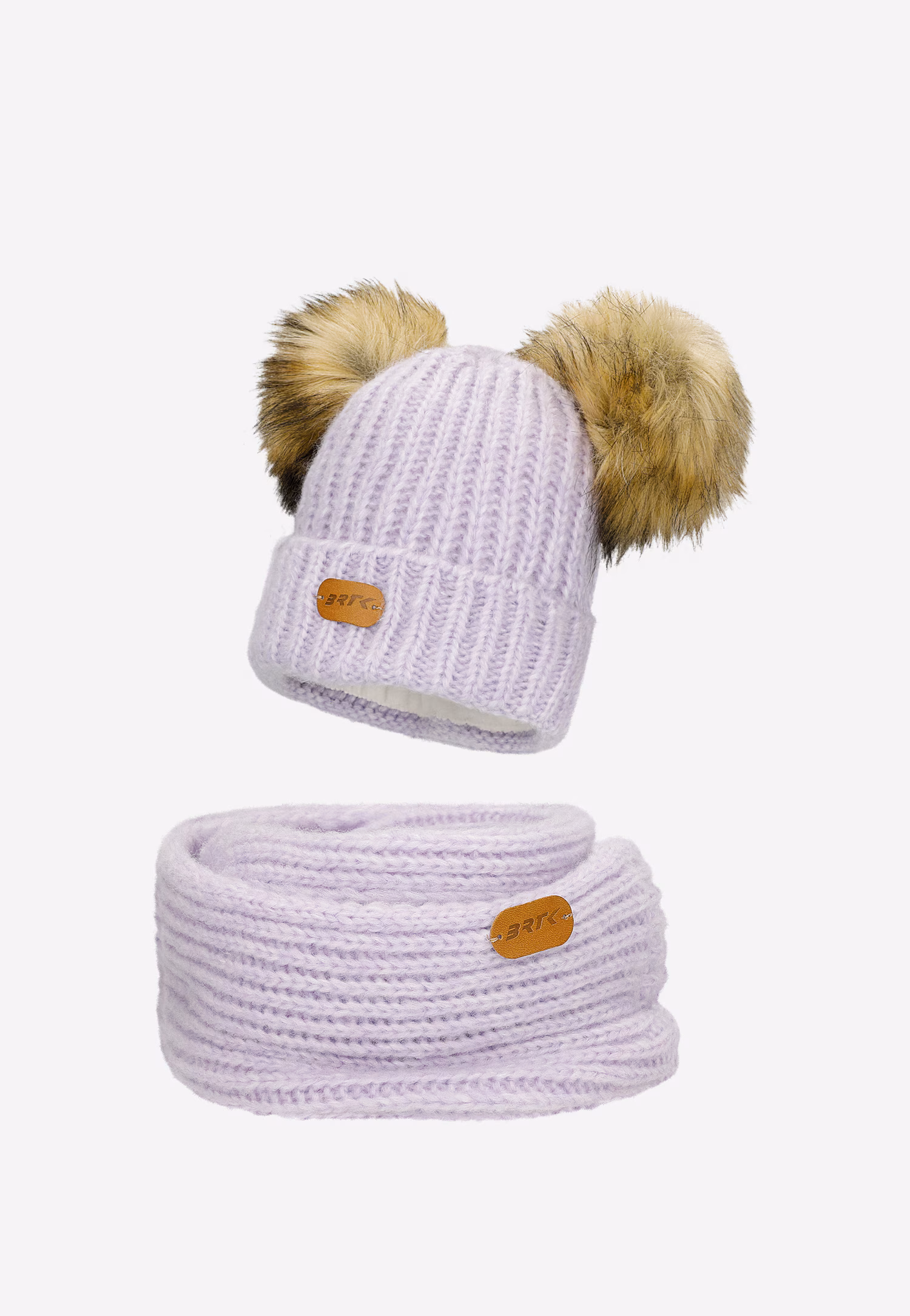Fioletowy zestaw BARTEK 85603-86z wełną merino - czapka z dwoma pomponami i komin