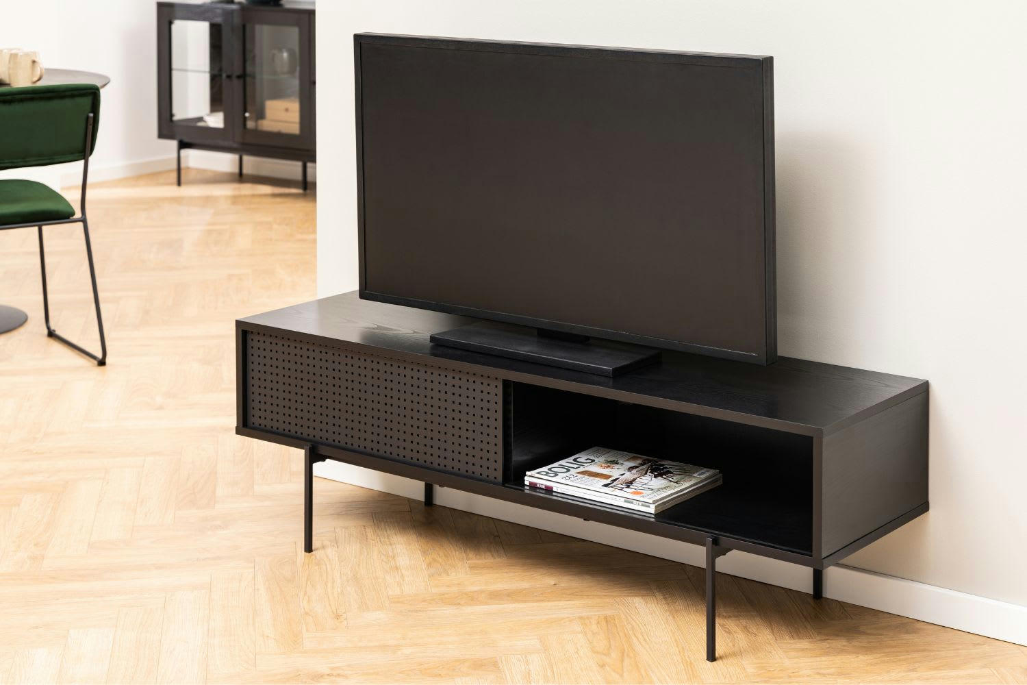 JUPITER - Meuble TV noir avec porte coulissante et 1 niche