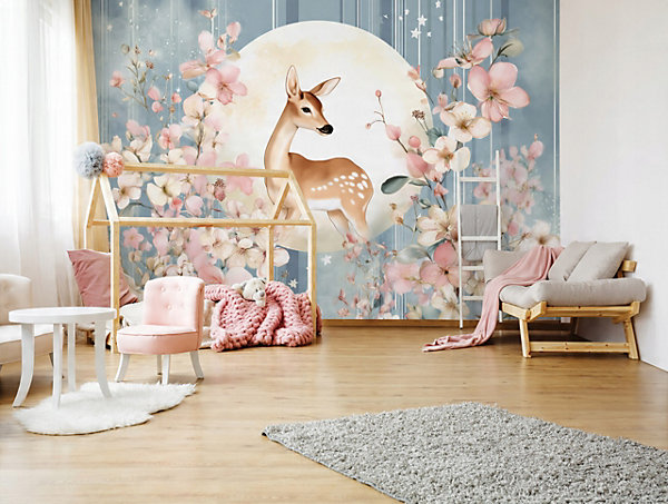 Papier Peint Enfant Cerf Animaux Fleurs Intissé Panoramique 400x280 cm - Colle Inclus - Chambre Enfant - Moderne Papier Peint