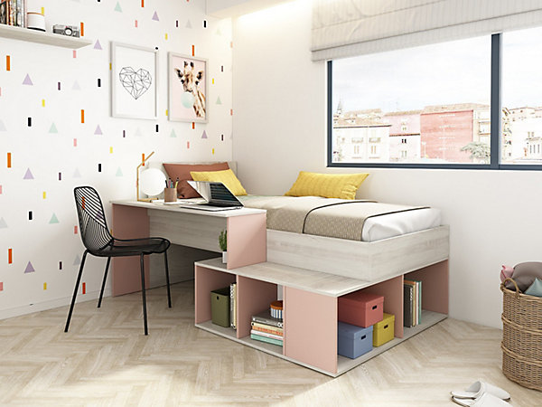 Lit combiné 90 x 200 cm avec rangements et bureau - Coloris : Naturel et Rose - RIGALI