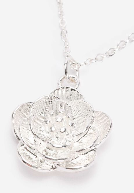 Womens Silver Flower Petal Pendant Necklace