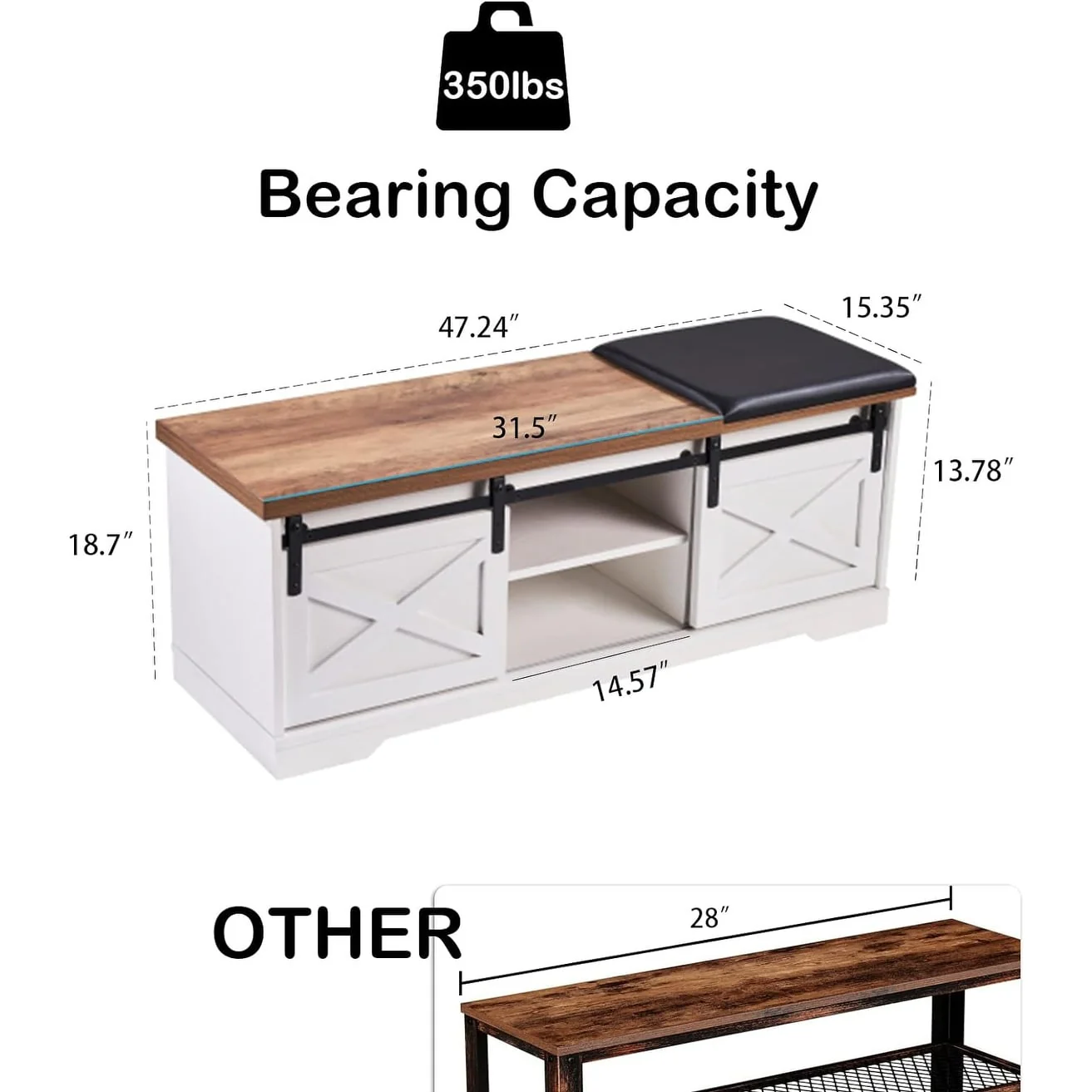 47 inch Shoes Bench with Sliding Barn Door Storage Cabinet and Adjustable Shelves - 47.24Lx15.35Dx18.7H