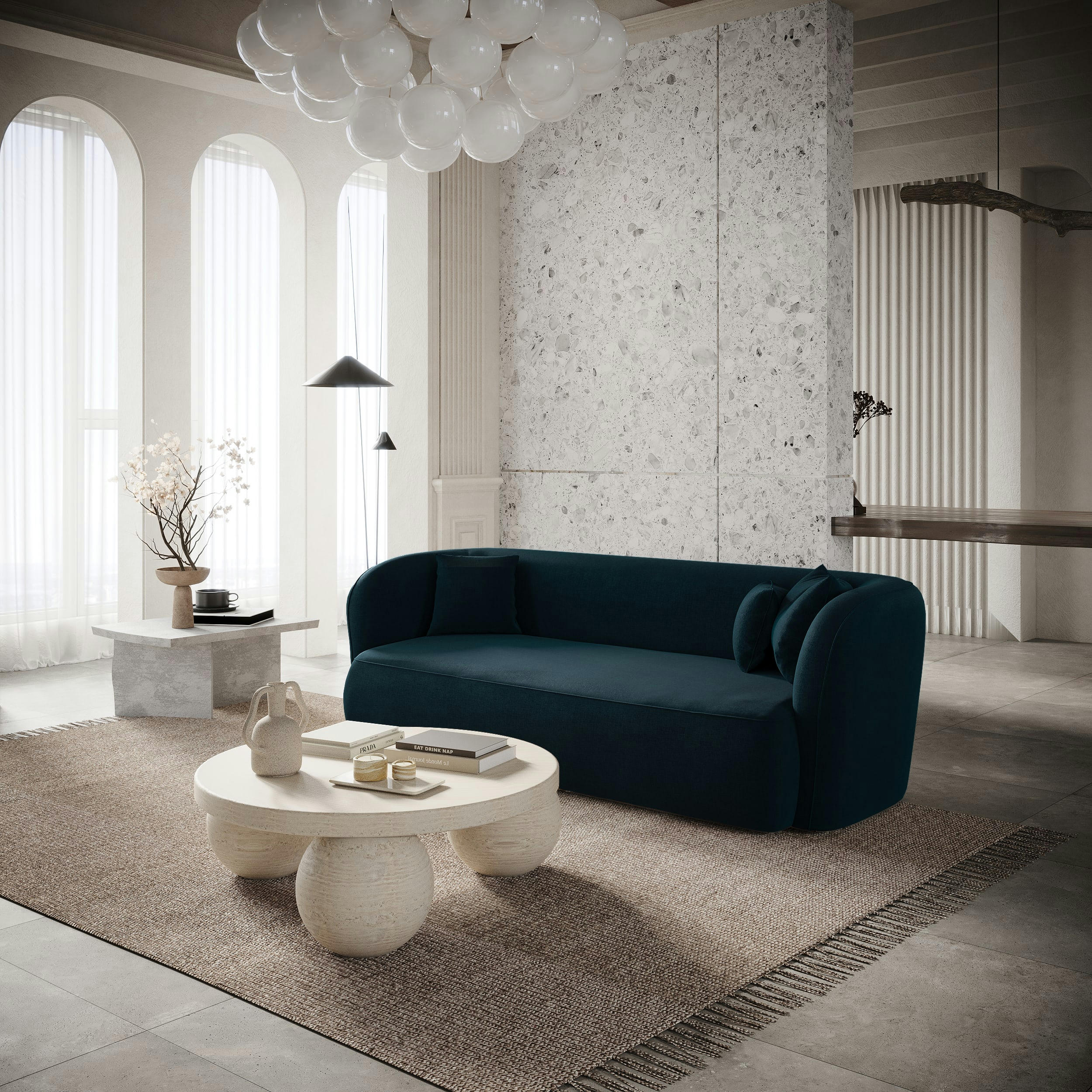 EMY - Canapé 3 places velours bleu paon