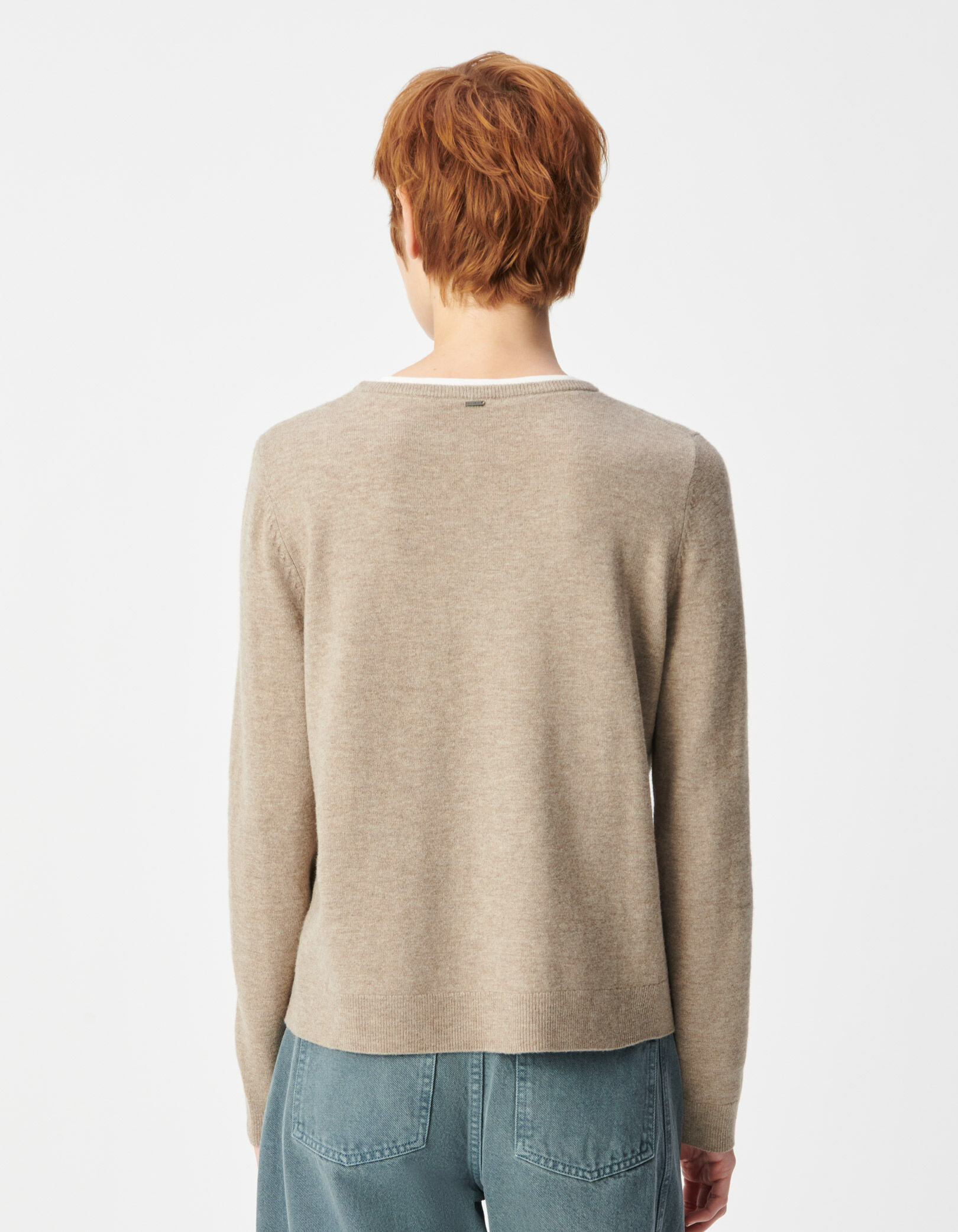 Pull laine beige tricot col trompe-l'oeil Femme