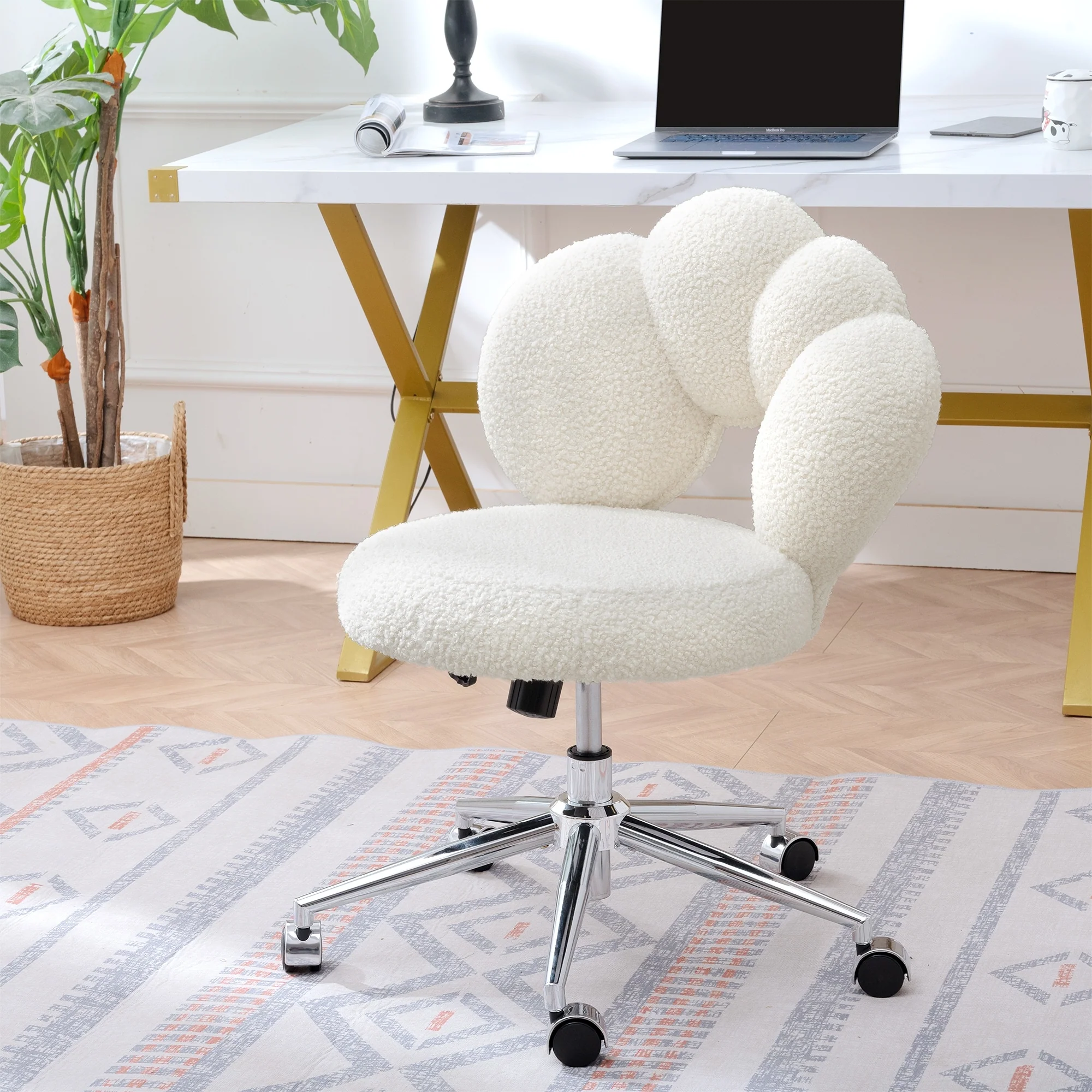 Criss Cross Chair with Wheels, Teddy Fabric Home Office Chair, 360°Swivel Height Adjustable Swivel Vanity Chair - N/A