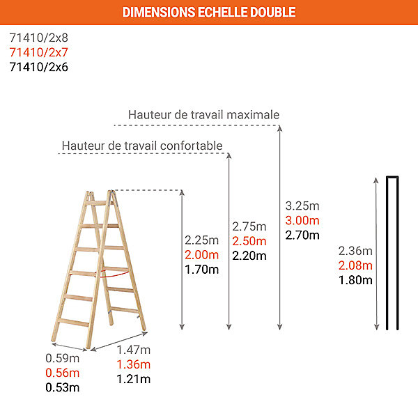 Escabeau bois double 2x7 échelons - Hauteur max. de travail 3.00m - 71410/2X7