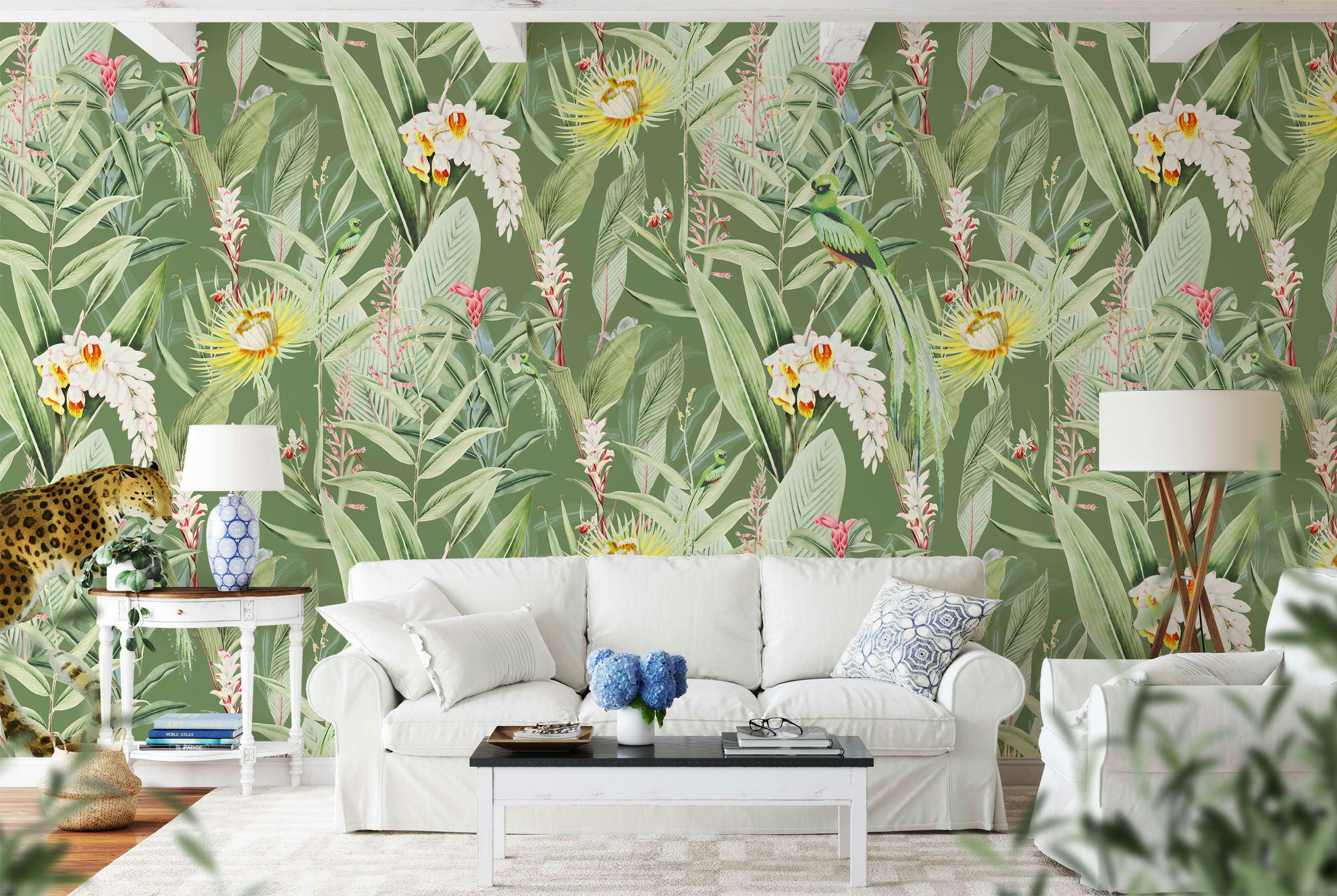 - Papier peint panoramique motifs fleurs jardin tropical vert 255x260cm
