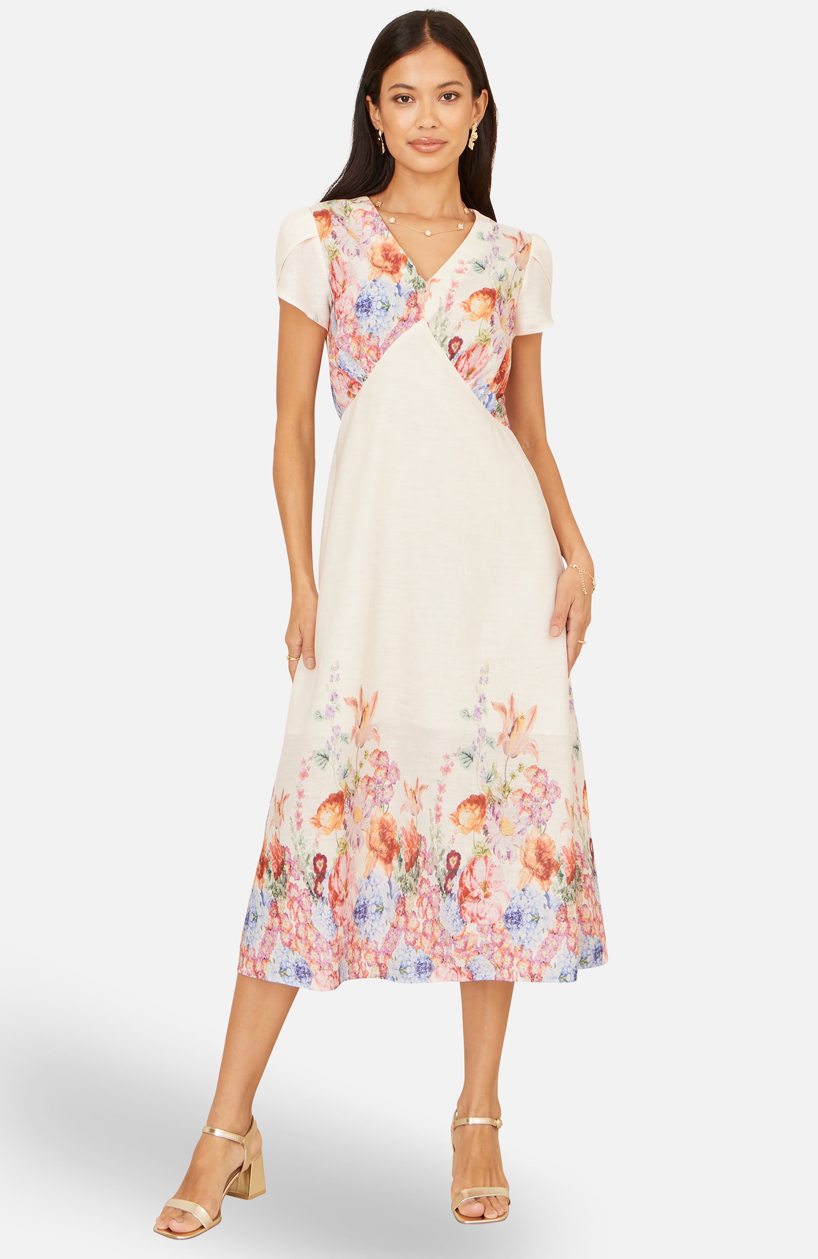 Yumi Pink Border Floral Midi Dress