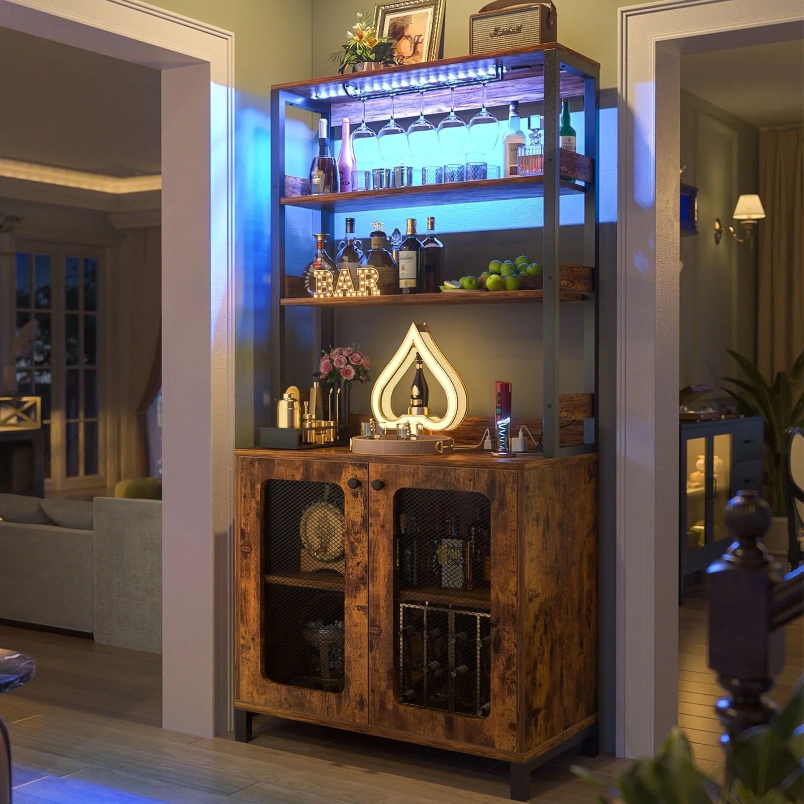 67 Tall Wine Bar Cabinet Liquor Cabinet with LED Lights ＆ Glass Holder ＆ Power Outlets,5-Tiers Corner Utensils Display Cabinet