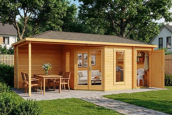 Abri de jardin pentagonal Liwa avec annexe Alpholz, 73x32m dim ext (cas échéant incl débord de toit) imprégné, 40mm, 23,1m² totale