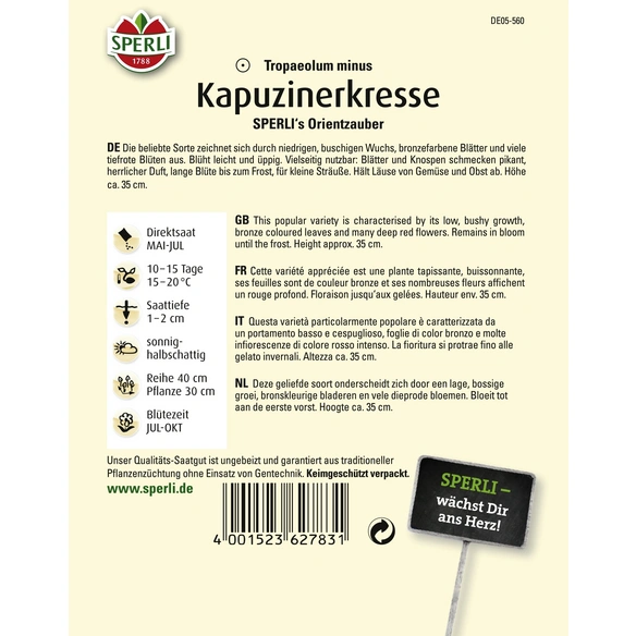 Kapuzinerkresse »SPERLI's Orientzauber«, einjährig, buschig, bronzefarbene Blätter, Höhe ca. 35 cm
