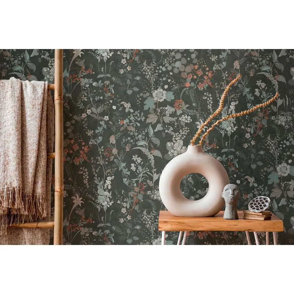 A.S. Cr&eacute;ation behang bloemen zwart, oranje en turquoise - 53 cm x 10.05 m