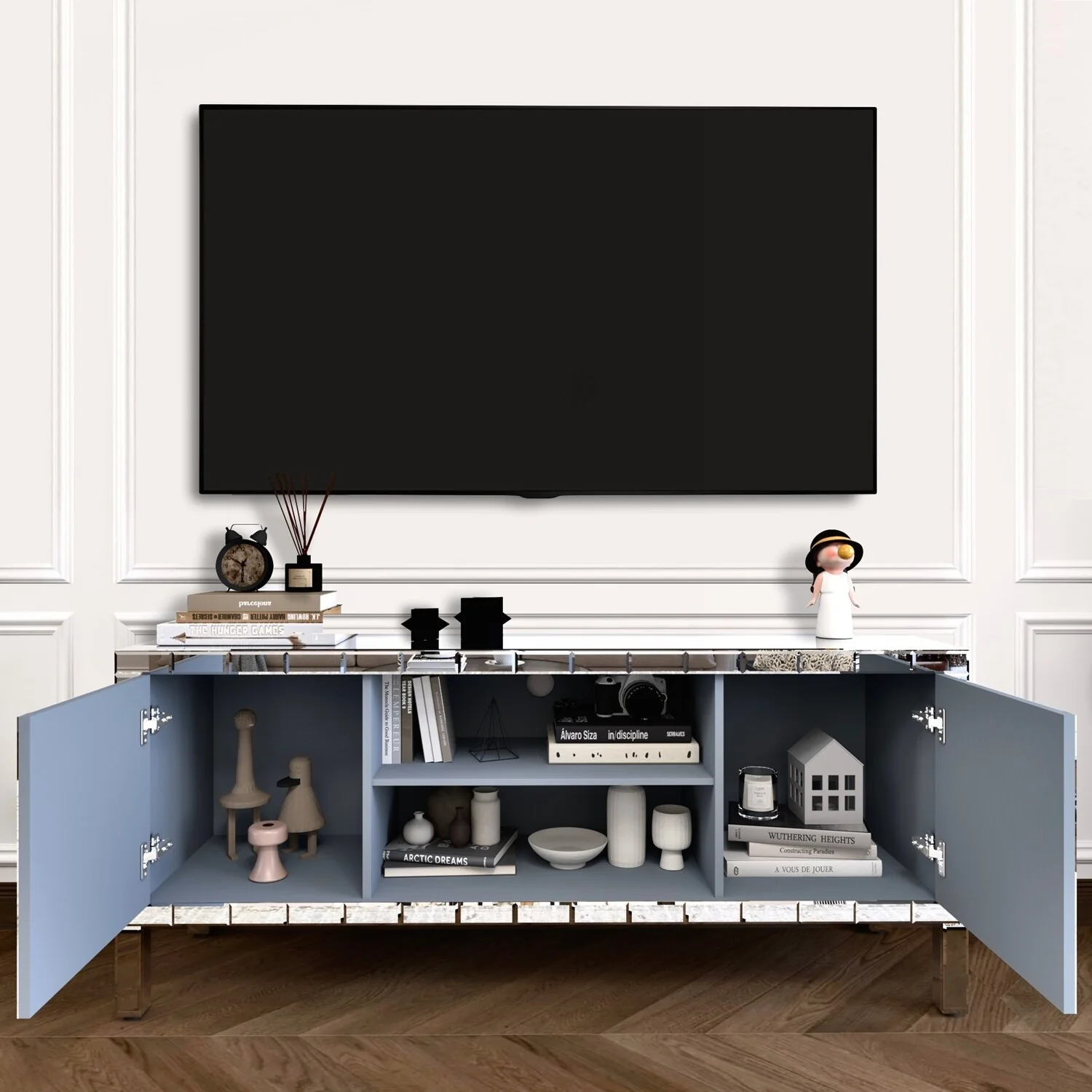 Modern Mirrored TV Stand with Stylish Storage and Adjustable Shelves for Living Room