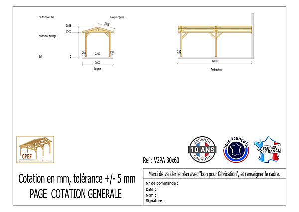 Carport adossé deux pentes 300cmx1050cm bois DOUGLAS Français (Charpente en bois-auvent-abri voiture) 32m². Garantie 10 ans