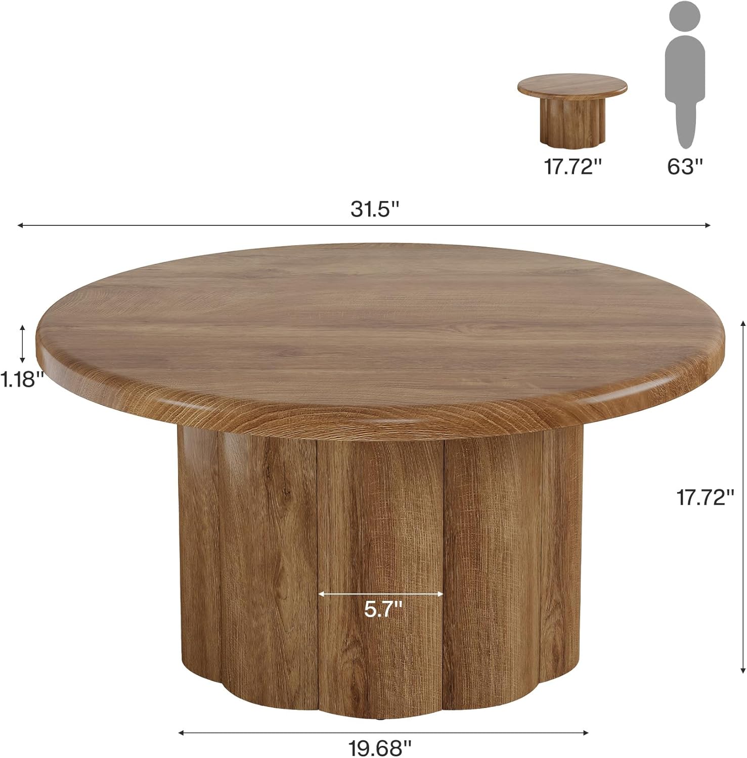 Tribesigns 31.5 Round Coffee Table for Living Room, Farmhouse Circle Center Cocktail Table with Fluted Drum Base, Wooden Living Room Furniture for Apartment, Small Space, Brown