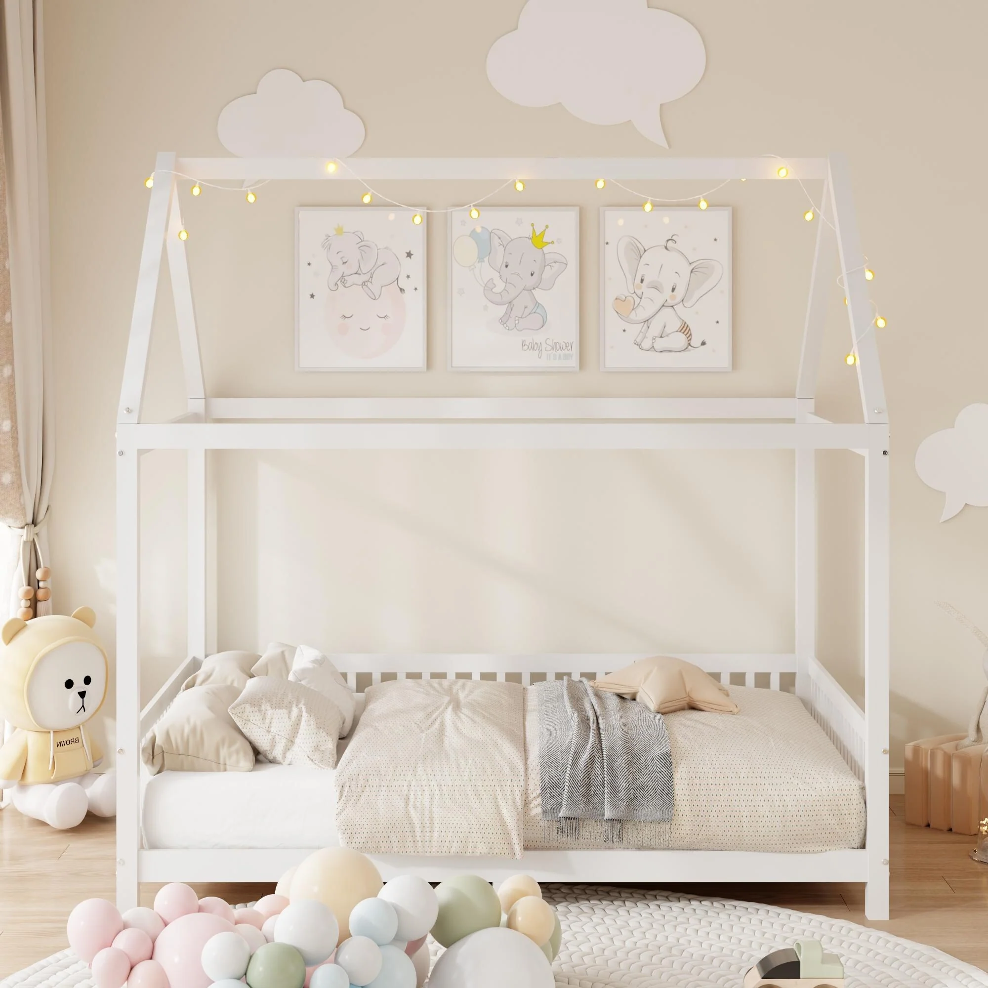 Full Size Solid Wood House Bed with LED & Roof