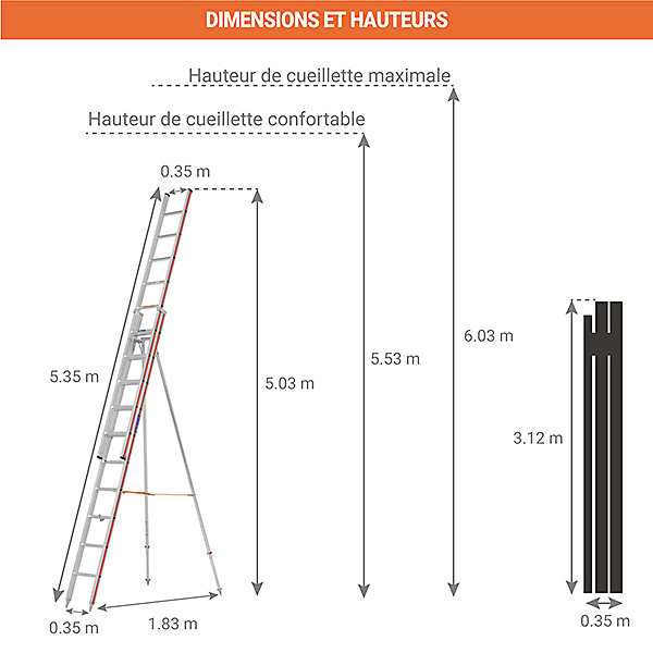 Echelle fruitière 20 barreaux - Hauteur de cueillette maximale 6.03m - 3050/2X10