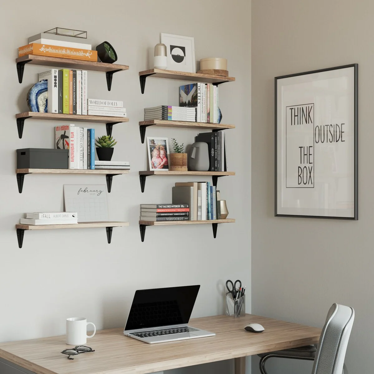 Wallniture Arras 17 Floating Shelves for Living Room Décor, Burnt Finish (Set of 8)