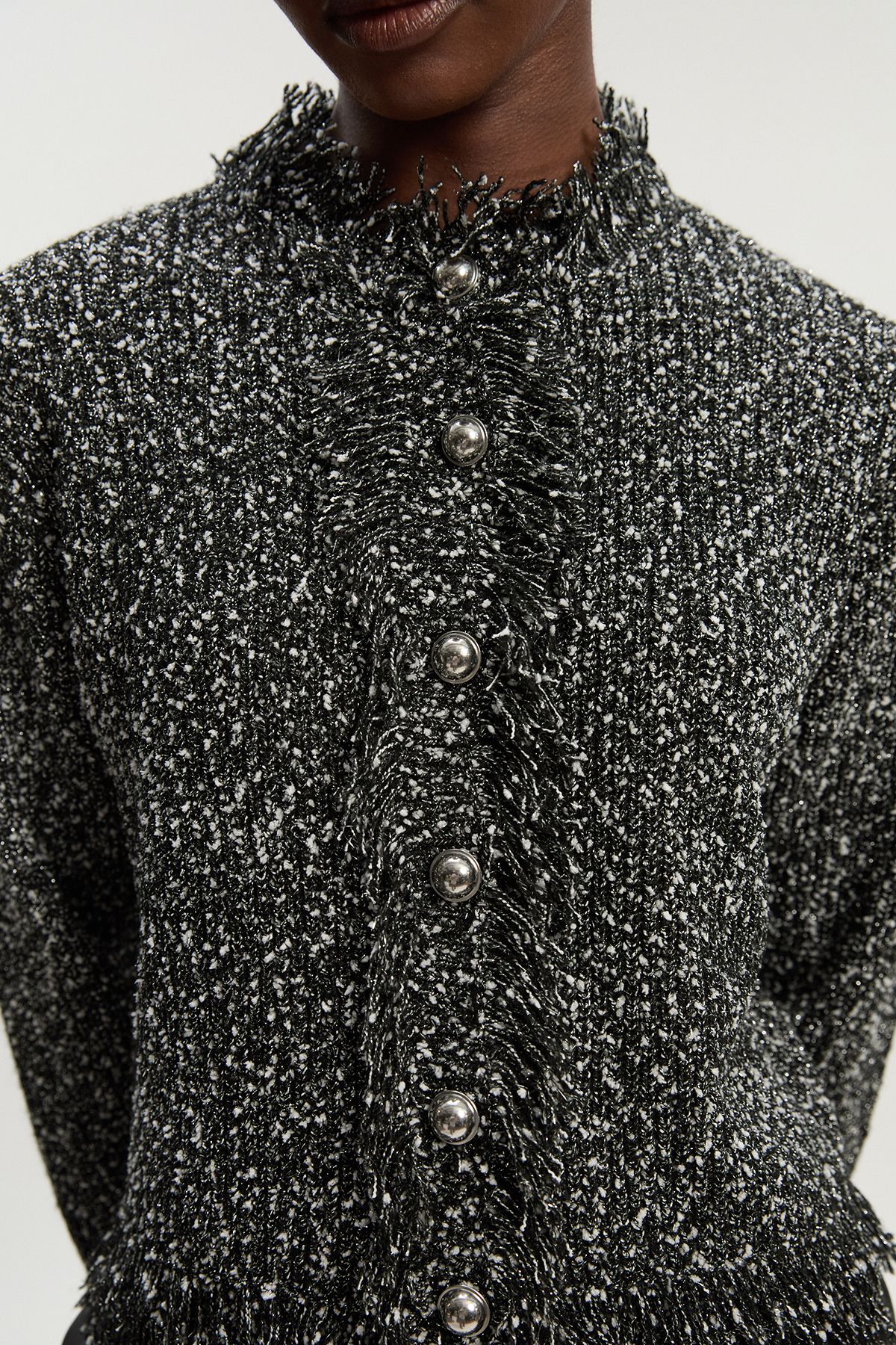 KarenMillen Tweed Yarn Fringe Detail Knitted Cardi