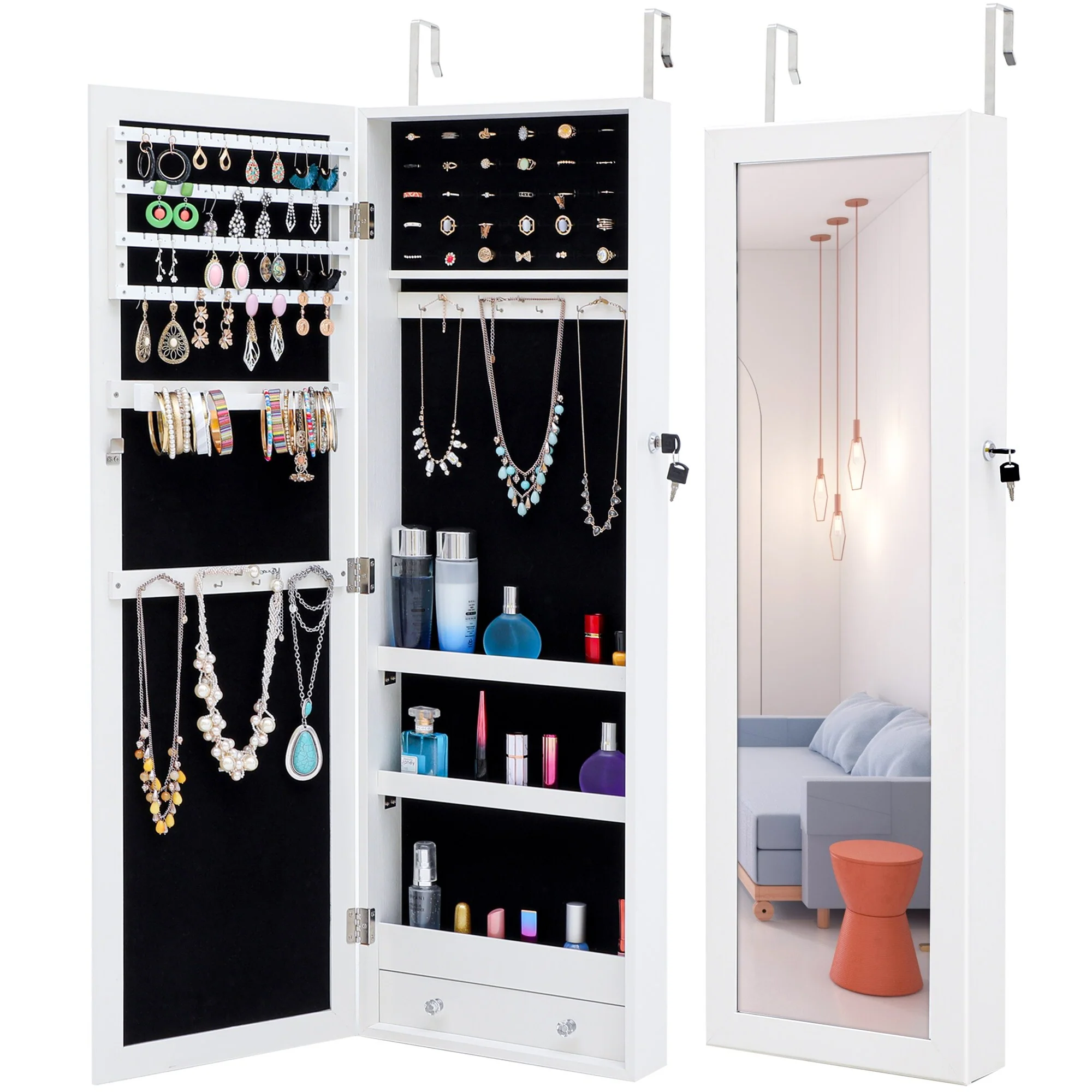 Wall Mounted Jewelry Cabinet with Mirror,Jewelry Armoire Storage Organizer Wall