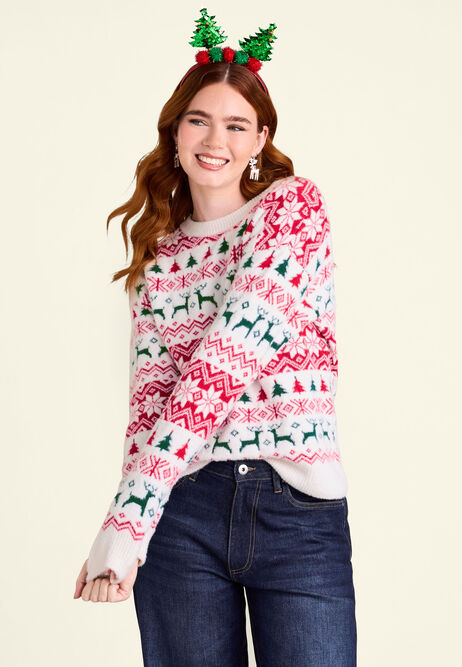 Womens Red Christmas Reindeer Fairisle Jumper