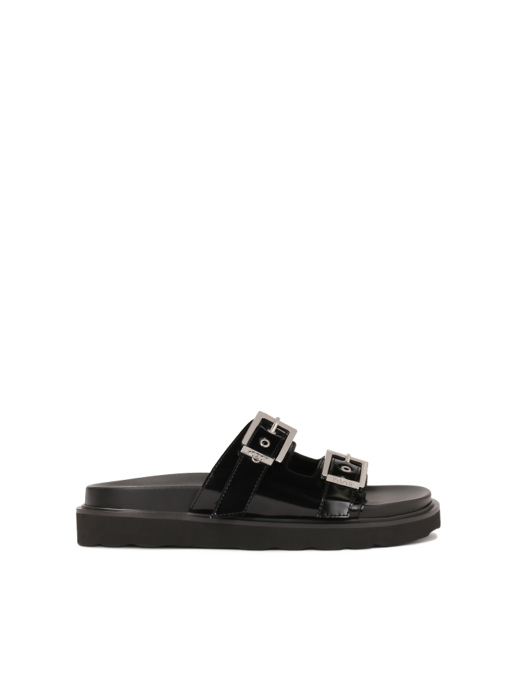 Black slides in glossy leather with two buckles