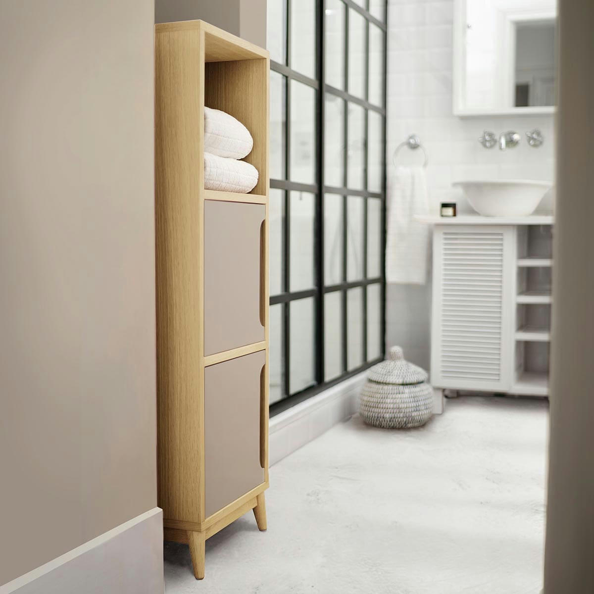 KULT - Colonne de rangement couleur chene et beige, 2 portes- 114*36*32