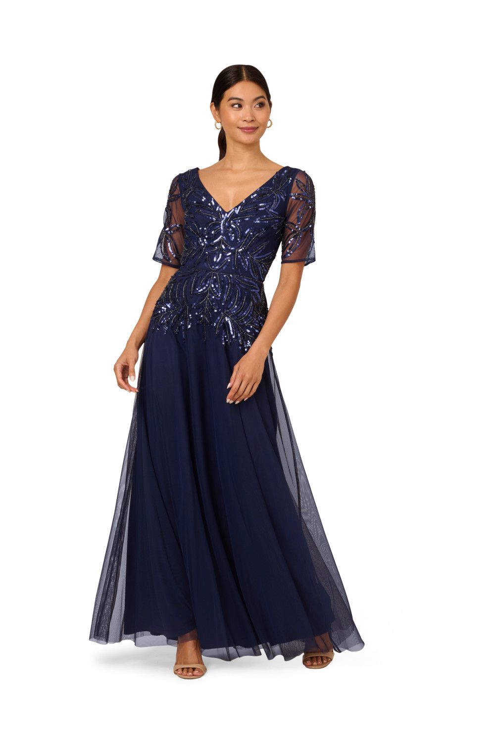 Papell Studio Beaded Mesh Long Dress