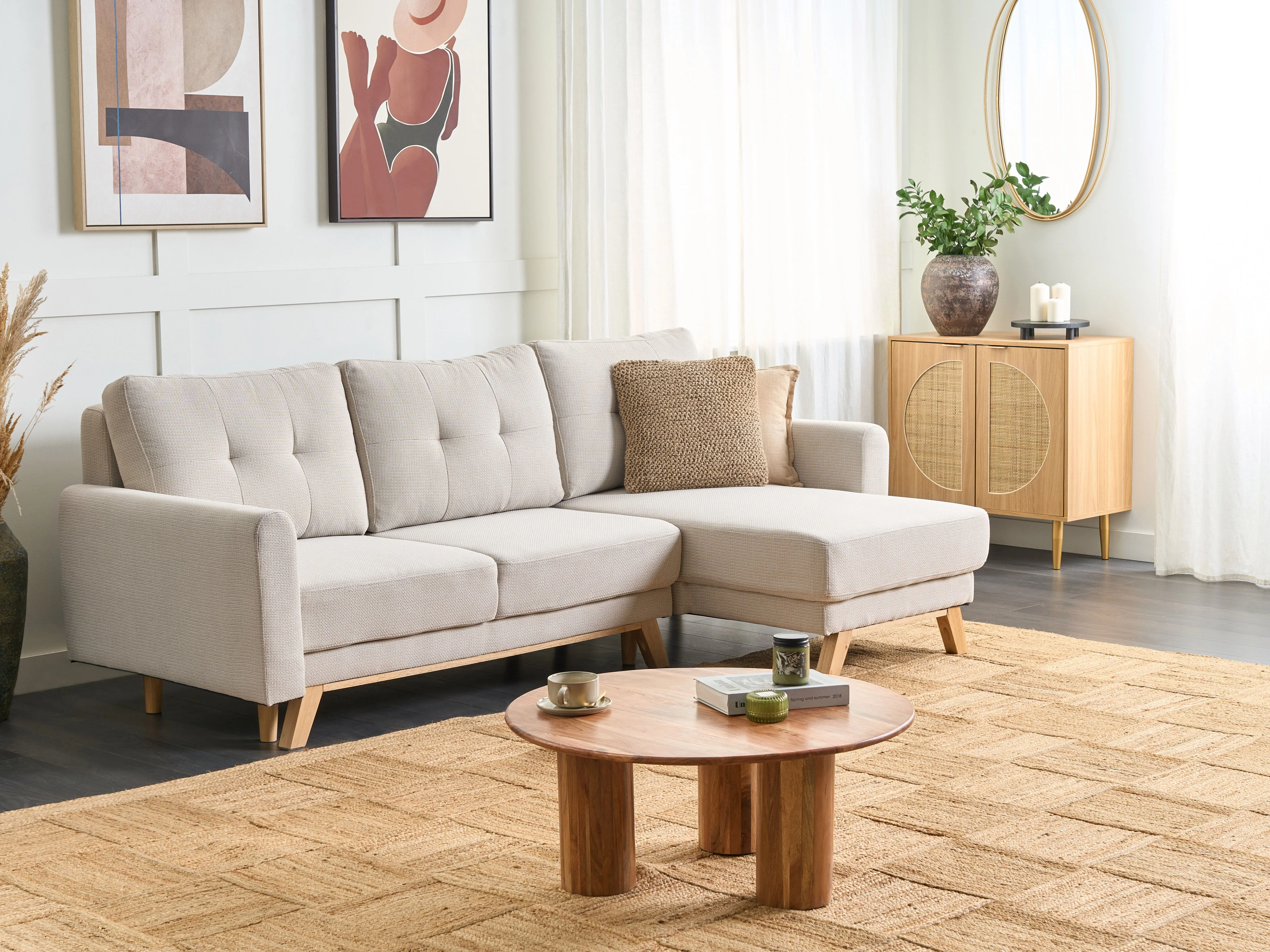 Sofa Bed 3 Seater SIRO Fabric Light Beige with Storage Left Hand