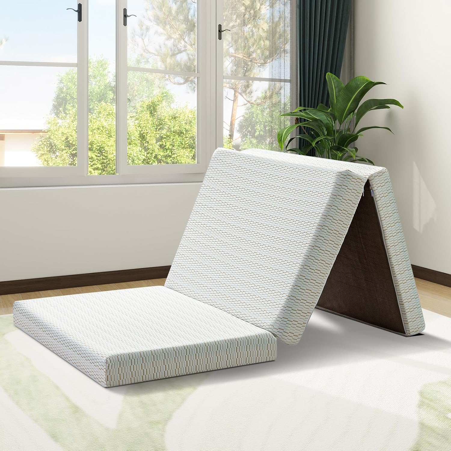 MUUEGM Tri Folding Mattress 6 Inch Queen Tri Fold Memory Foam Mattress Foldable Bed Mattress with Washable Cover Portable Mattress Topper for Yoga/Camping/RV/Guest Beds,CertiPUR-US Certified