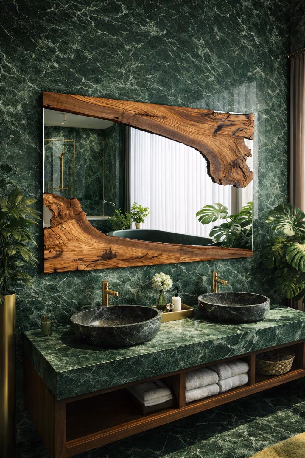 Wood Handmade Mirror, Olive Wood Mirror, Live Edge Olive Wood Wall Mirror – Bathroom Mirror, Entrance Hall Mirror