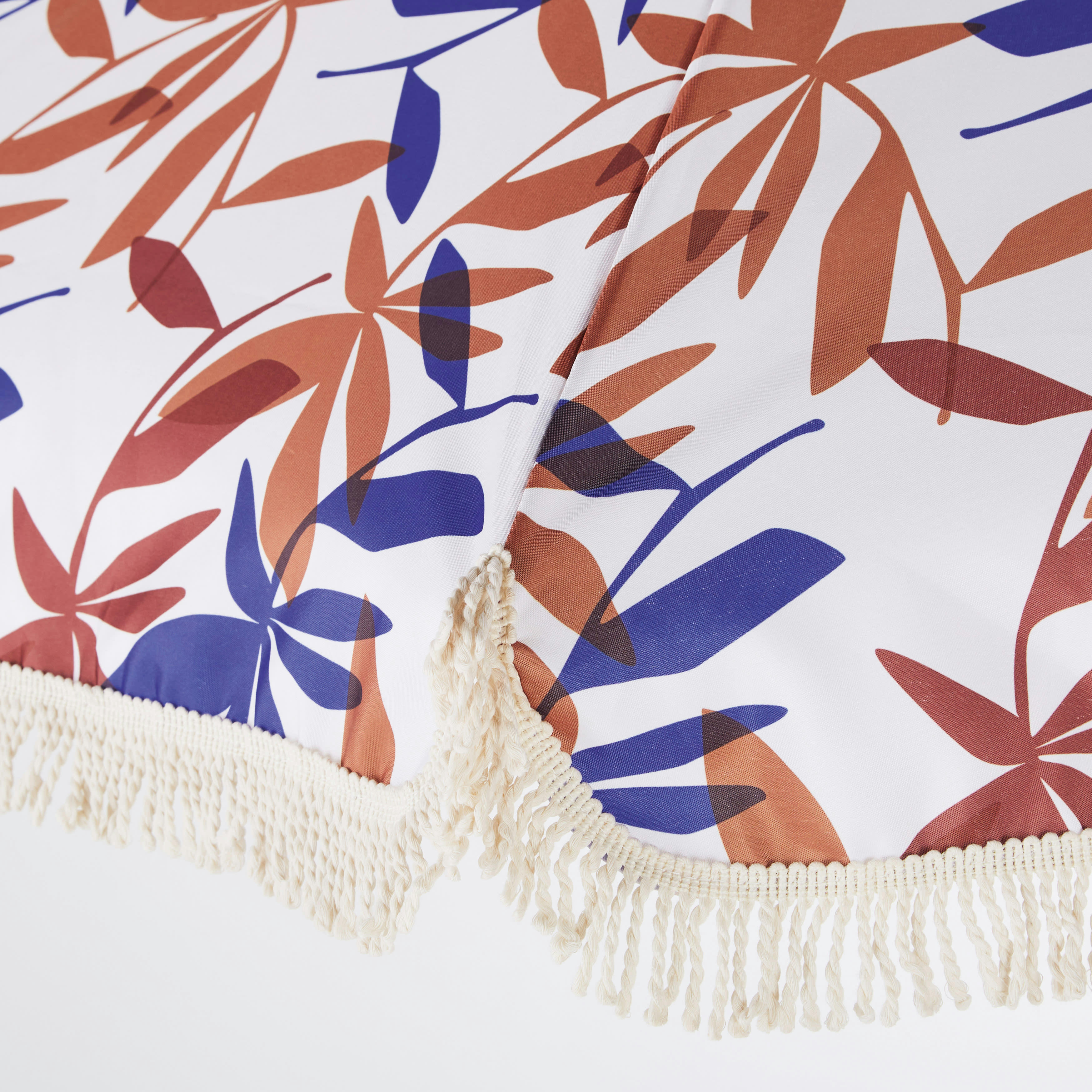 Nicolo - Parasol vintage 2x2m en aluminium imitation bois et toile écrue motifs feuilles marron, bleu et terracotta