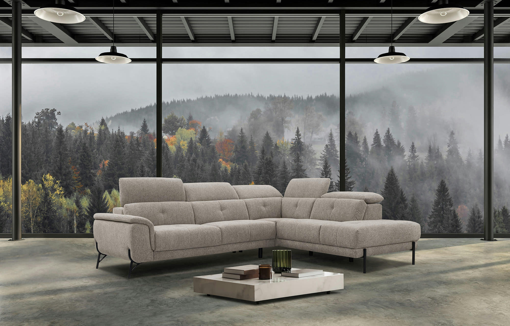 AVENA - Canapé d'angle droit  5 places en tissu taupe