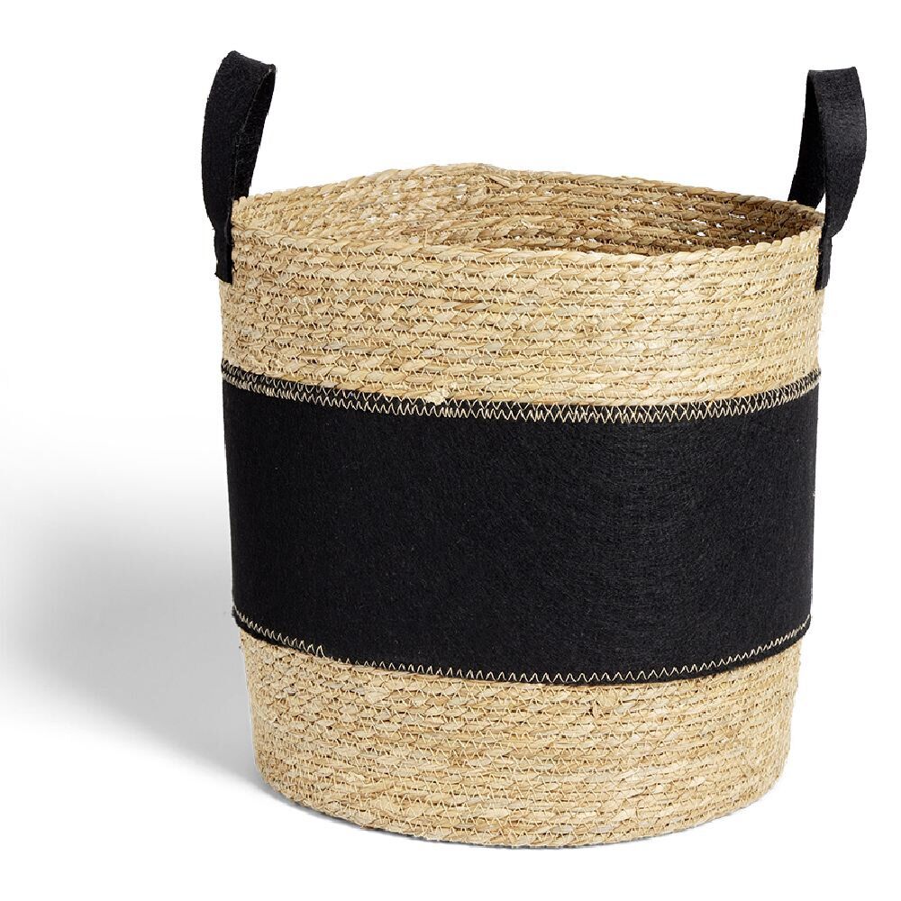 Panier à linge 42L jonc de mer et feutrine noir Ø37xH38cm