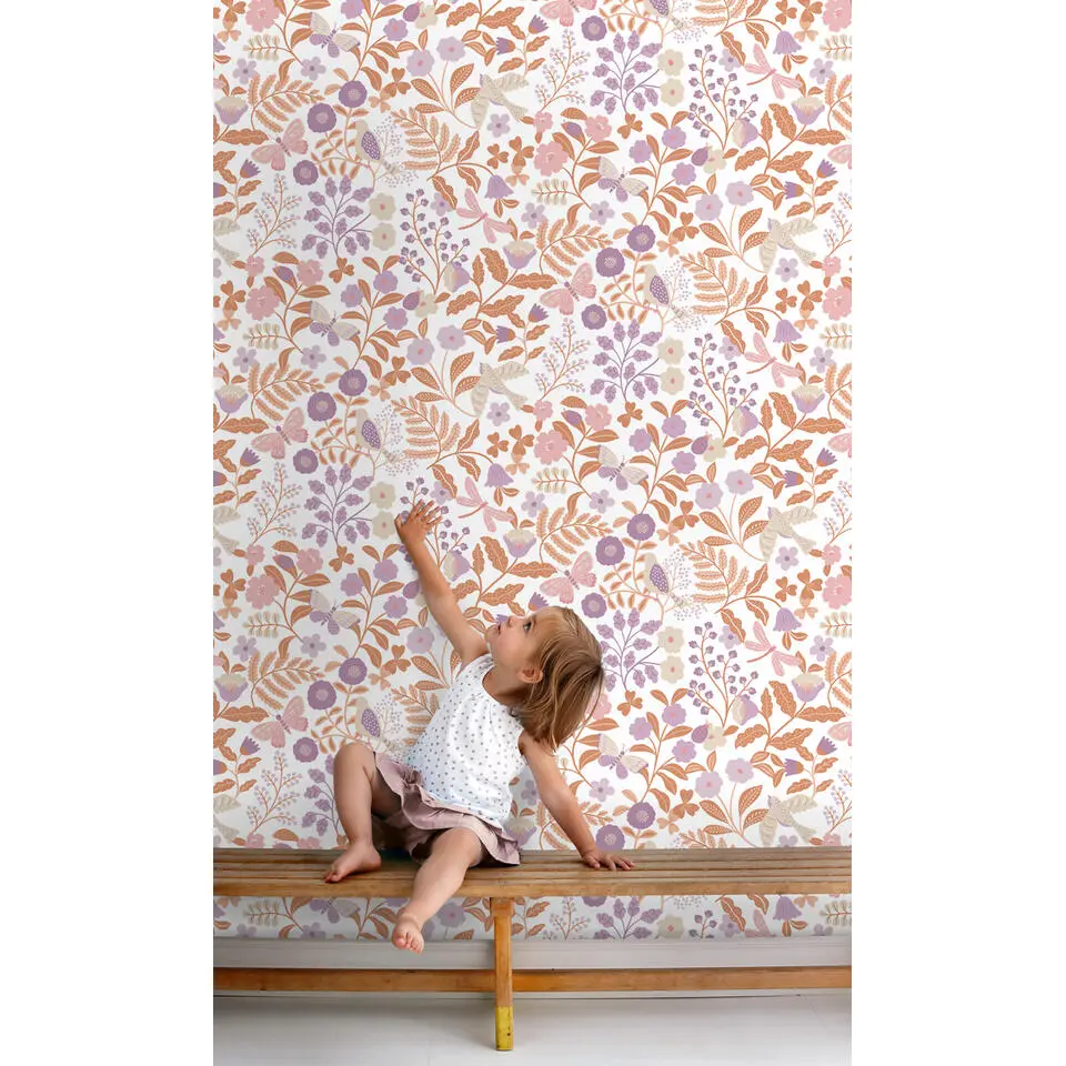 ESTAhome behang bloemen en vogels lila paars en terracotta - 53 cm x 10.05 m