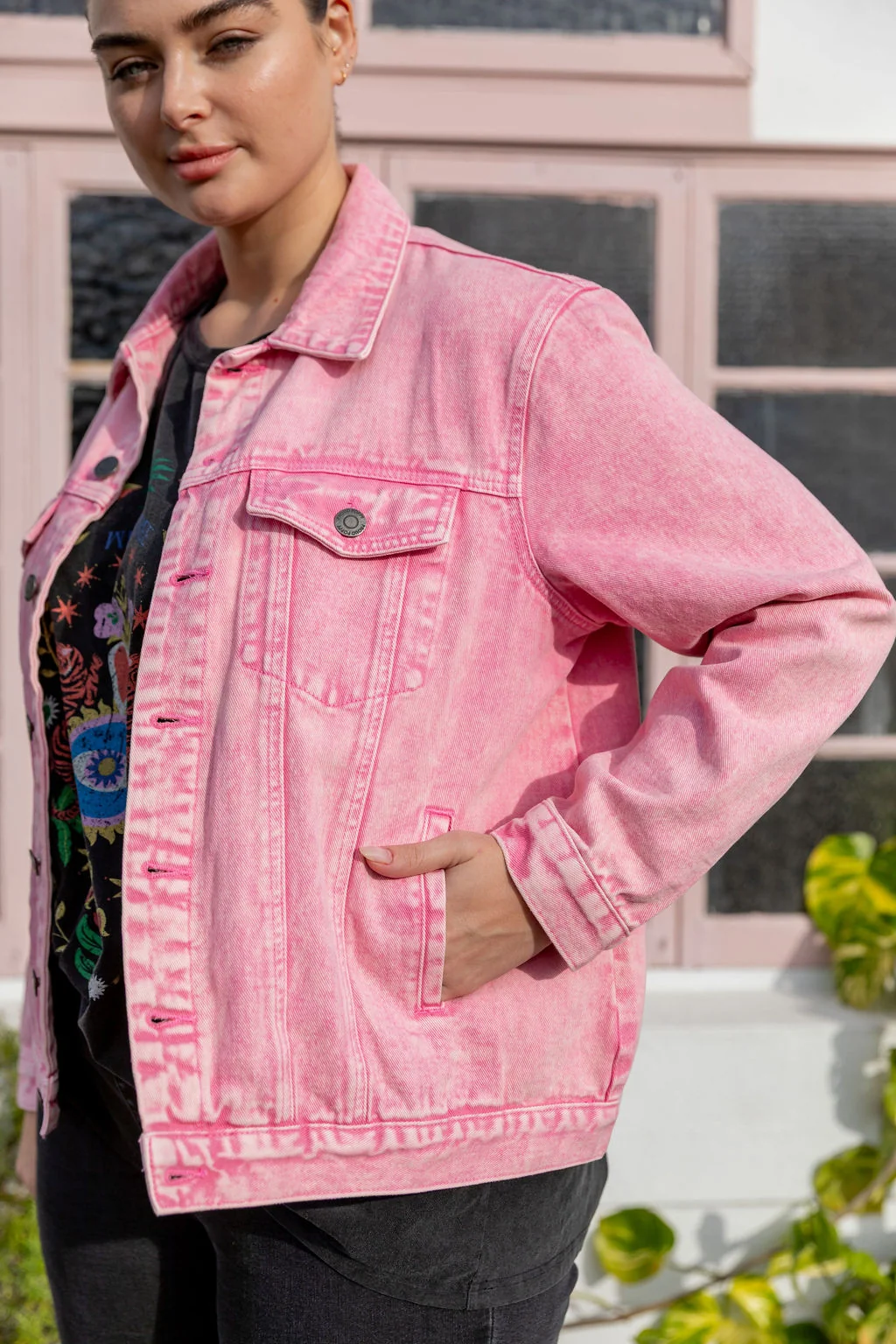 Hayden Boyfriend Denim Jacket in Pink Wash
