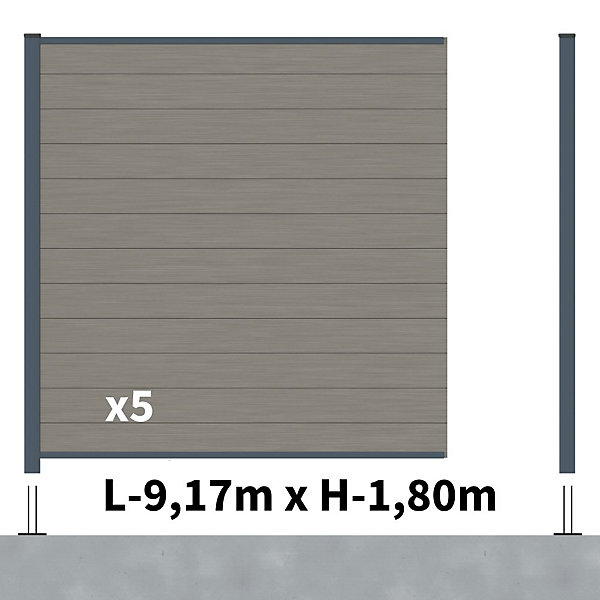 Kit Clôture Composite RIO Platines 9x1,8m - Bois composite &Aluminium - Poteaux sur Platines Gris - Brise vue - Palissade