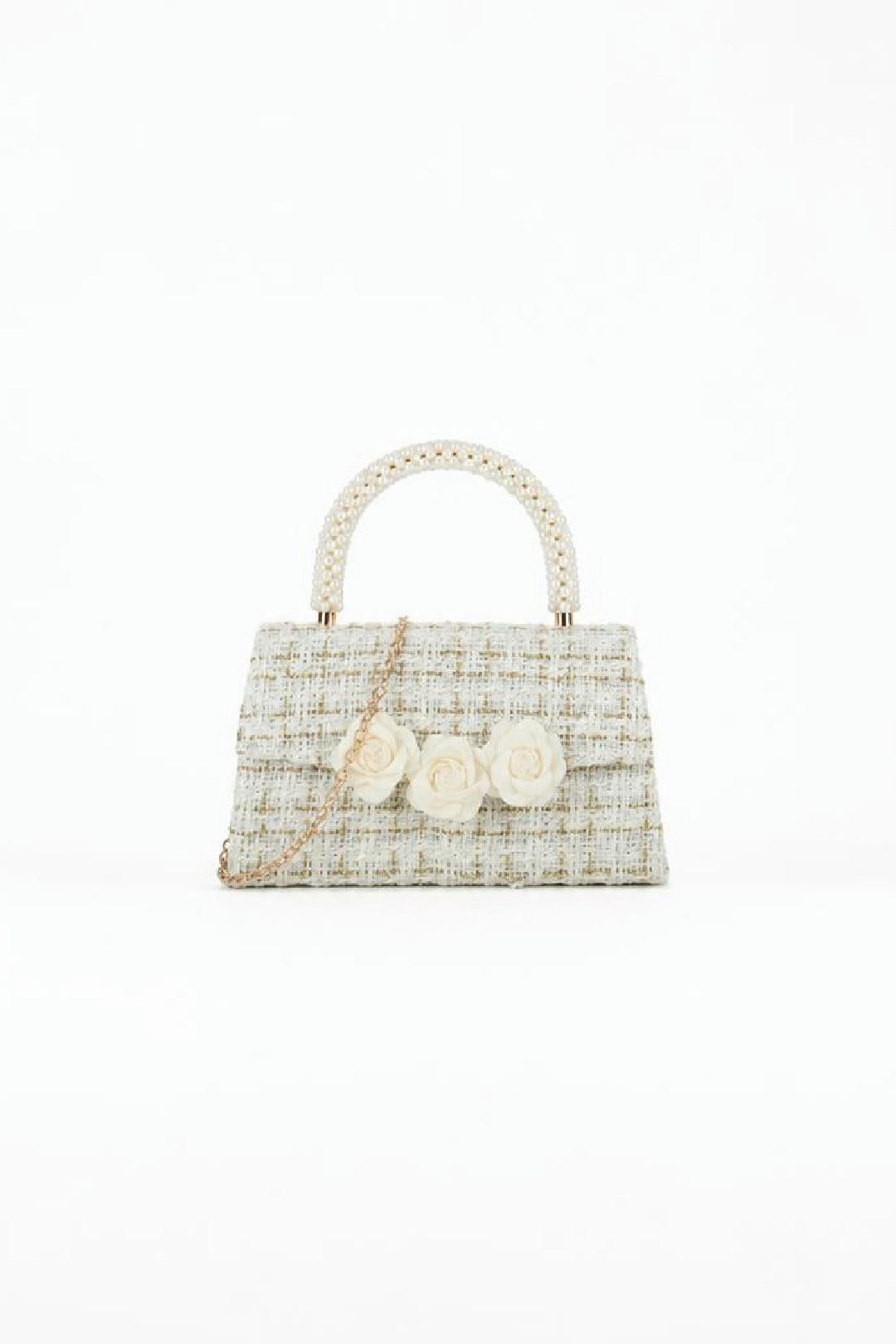 SVNX Tweed Top-Handle Handbag with Pearl Handle and Floral Appliqué