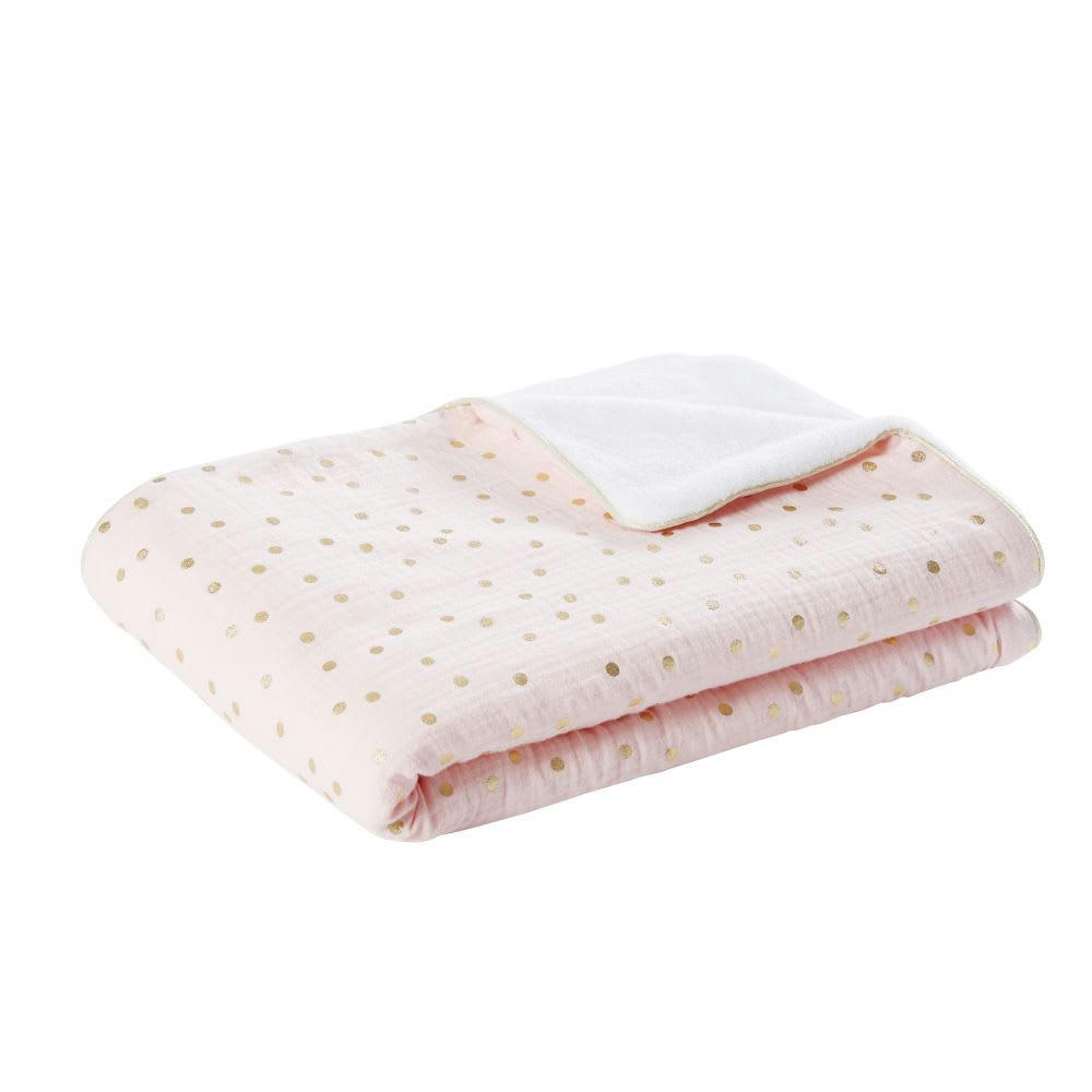 - Couverture bébé rose et blanche motifs à pois dorés 75x100