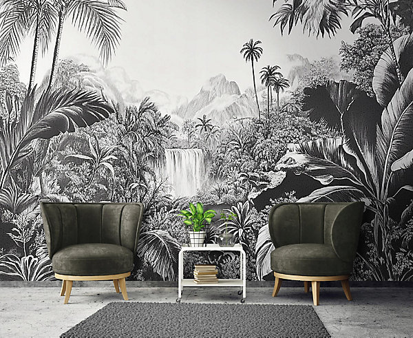 Papier Peint Panoramique Intissé Noir et blanc Jungle 350x250 cm - Colle Inclus - Moderne XXL Papier Peint por Chambre Salon
