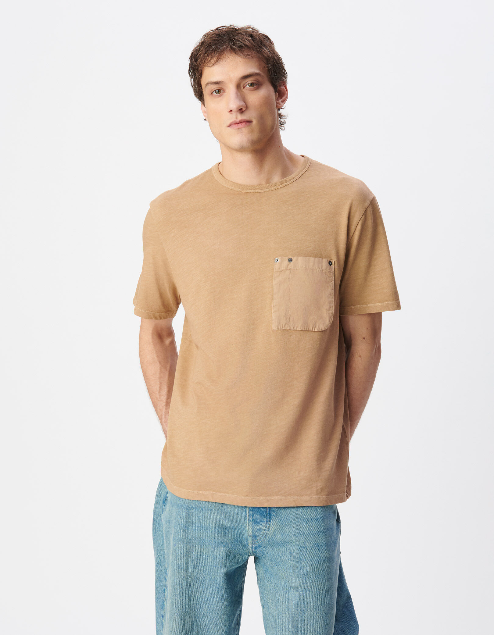 T-shirt beige col rond poche plaquée Homme