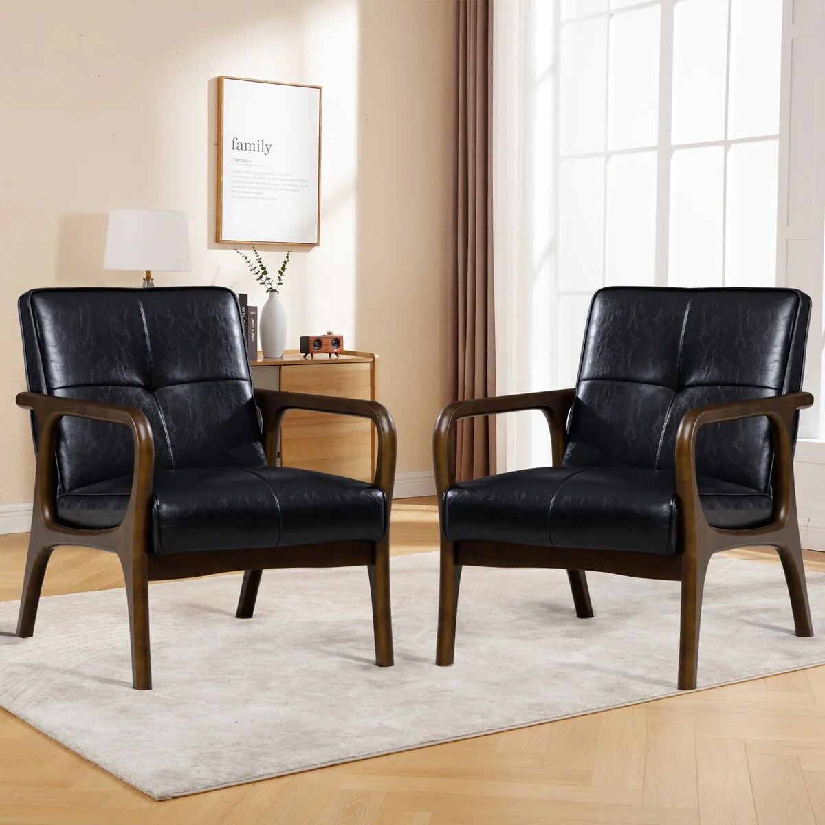 HOMYKA Leather Accent Chair Mid Century Arm Chairs with Wood Arms Set of 2