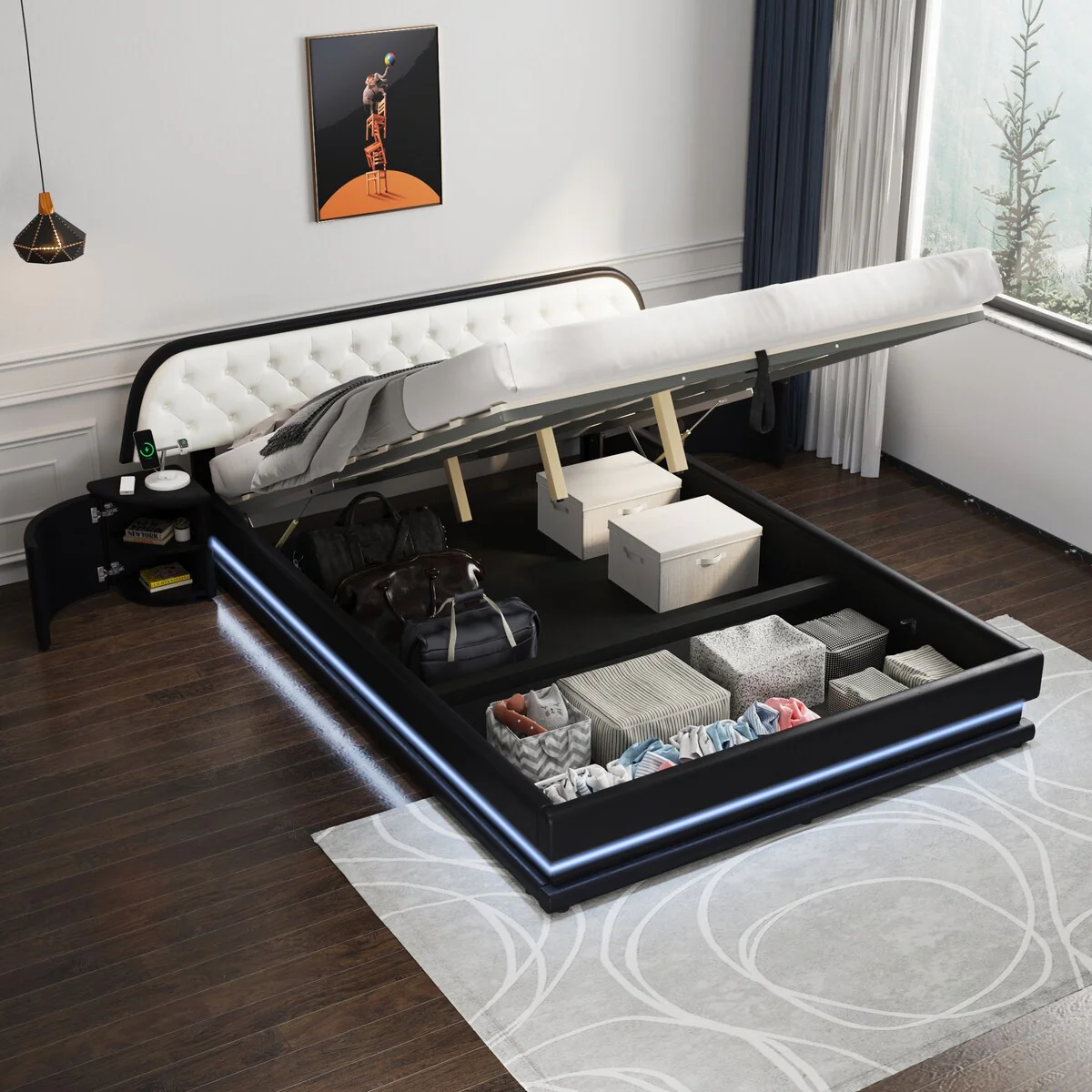 Queen Size Upholstered Tufted Hydraulic Platform Bed with 2 Nightstands and USB