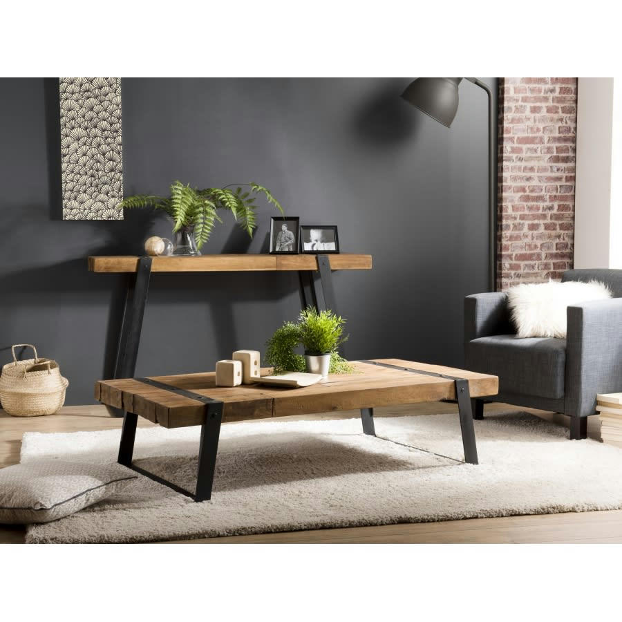 ALIDA - Table basse rectangulaire plateau teck recyclé pieds métal noir L140