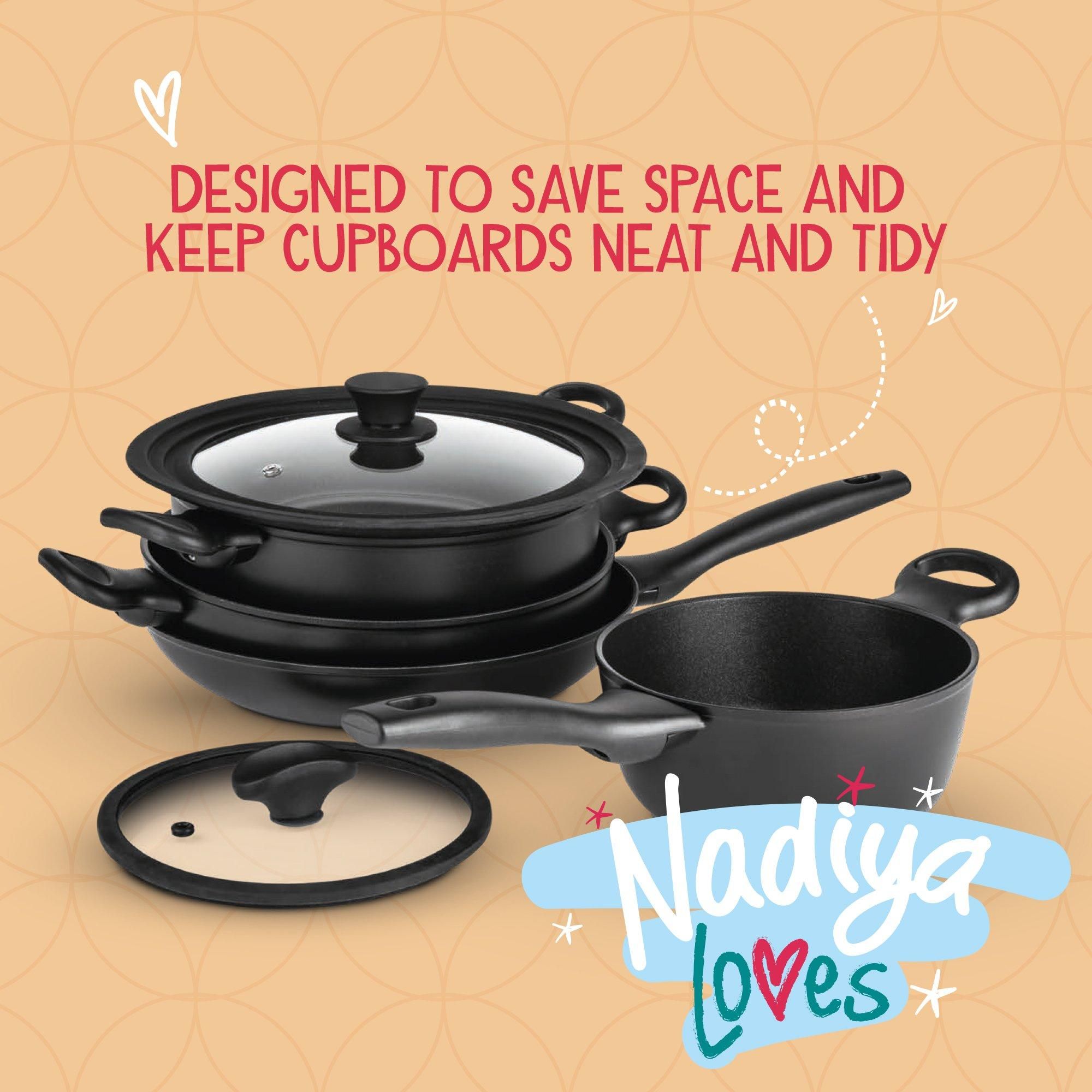 Prestige Nadiya Hussain by Prestige Stackable Cookware Set of 4, Stackable Non Stick Pans with Multi Size Lid
