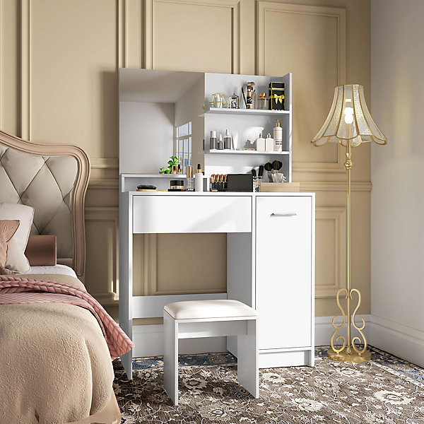 Ensemble coiffeuse miroir avec tabouret - porte, tiroir, 4 étagères, niche - blanc